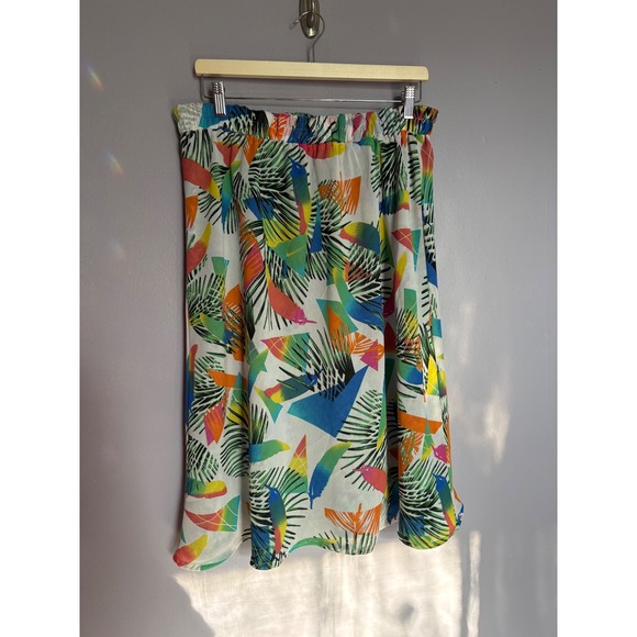 Island Beach Dresses & Skirts - Reversible Tropical Feather Abstract Floral Midi Skirt Vacation Summer Travel M
